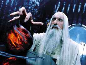 In Lord of the Rings (2001), the Dark Lord Sauron uses a palantir to give  orders to Saruman. This is due to Apple's rule that villains in movies are  not allowed to